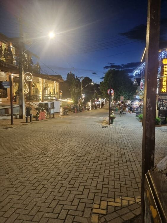 Vista noturna da Avenida Monte Verde. Nela é possível encontrar excelentes opções de restaurantes, com boa comida e bebida. Há opções para todos os bolsos e gostos.